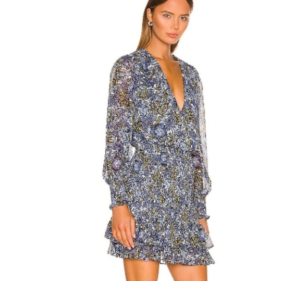 Veronica Beard Saera Blue Multi Floral V-neck Long Sleeves Mini Dress XS $495 - Picture 6 of 15